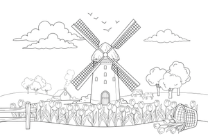 A windmill next to a field of tulips – Windmill coloring page