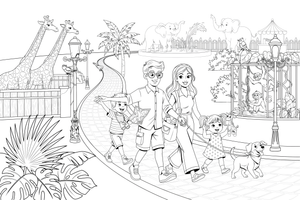 A family walking through the zoo – Zoo Day coloring page