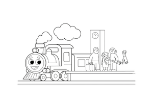 A train arriving at a platform with people waiting – Travel & Journeys Place coloring page