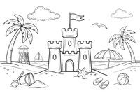 A big sandcastle with towers and a little flag on the sunny beach – Sunny Beach & Seaside coloring page