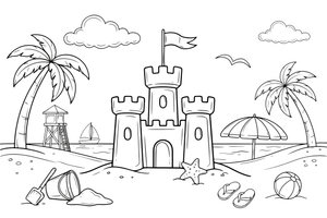 A big sandcastle with towers and a little flag on the sunny beach – Sunny Beach & Seaside coloring page