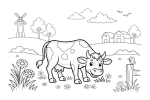 A cow grazing in a green meadow – Cow coloring page