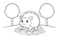 A hedgehog walking through a pile of fallen autumn leaves – Hedgehog coloring page
