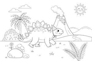 Stegosaurus next to a volcano – Stegosaurus Dinosaur Playtime coloring page