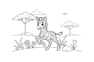 A cute zebra foal with a flower – Galloping Zebra Wild coloring page