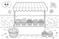 A market stall with baskets of different berries – Juicy Berries coloring page