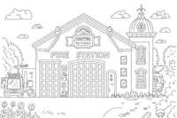A fire station building with big garage doors – Fire Station coloring page