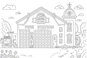 A fire station building with big garage doors – Fire Station coloring page