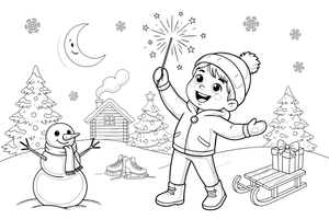 A child holding a sparkler with little stars around it – New Year Winter Celebration coloring page