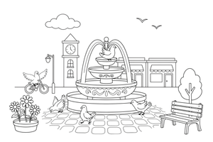 A big fountain in the town square with pigeons around it – Vibrant City Places coloring page