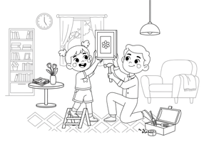 A child hanging a picture on the wall with a parent – Chores & Helping coloring page