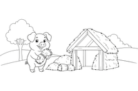 A pig building a straw house, carrying a bundle of straw – The Three Little Pigs Story coloring page