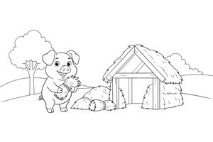 A pig building a straw house, carrying a bundle of straw – The Three Little Pigs Story coloring page
