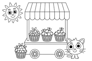 A market stall with baskets of different berries – Juicy Berries coloring page
