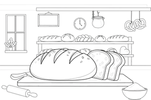 One big loaf of bread with a few slices cut beside it, close up – Classic Bakery & Bread coloring page