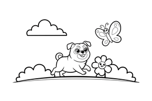Pug chasing a butterfly – Playful Pug Dog coloring page