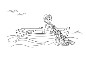 A young fisherman in a boat pulling up a net from the sea – Lietuviškos pasakos coloring page