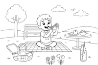 A child eating a hot dog at a picnic – Yummy Meals coloring page