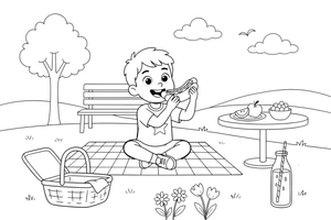 A child eating a hot dog at a picnic – Yummy Meals coloring page
