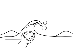 A close-up of a child's hand holding a big piece of amber, with a sea wave behind – Nature treasures coloring page