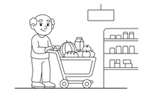 Old man pushing a shopping cart full of groceries – Cozy Grocery Store coloring page