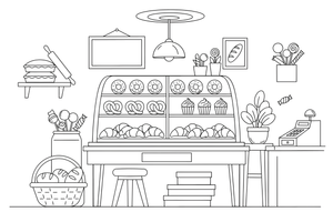 Bakery Display – Cozy Bakery Place coloring page