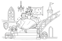 A princess in a crown lifting her long gown as she climbs a castle staircase – Enchanted Magic Folk Fairytale Characters coloring page