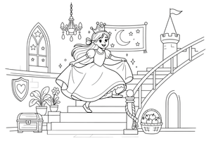 A princess in a crown lifting her long gown as she climbs a castle staircase – Enchanted Magic Folk Fairytale Characters coloring page