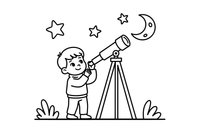 A child looking through a telescope at the night sky – Space Tech Spaceship coloring page