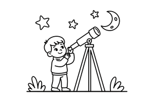 A child looking through a telescope at the night sky – Space Tech Spaceship coloring page