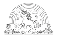 A unicorn standing under a big rainbow – Rainbow Sky coloring page