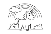 A unicorn standing under a big rainbow – Rainbow Sky coloring page