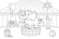 A friendly circus elephant standing on a round tub – Colorful Circus Tent coloring page