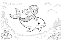 Mermaid riding on a friendly dolphin – Mermaid Magical Moments coloring page