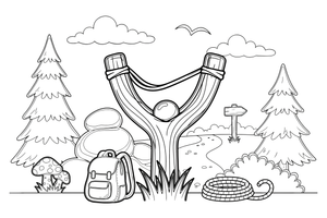 A wooden slingshot with a rubber band – Adventure Gear coloring page