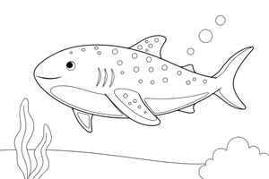 A whale shark with a big spotted body (spots outlined, no fill) swimming – Curious Shark coloring page