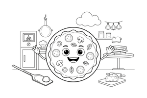 A whole round pizza with a few big toppings – Delicious Pizza Meal coloring page