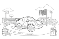 A race car zooming around a track with a checkered flag ahead – Different cars coloring page