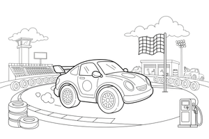 A race car zooming around a track with a checkered flag ahead – Different cars coloring page