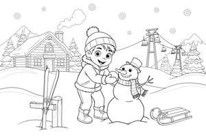 A child building a snowman with a carrot nose and a scarf – Charming Ski Resort Place coloring page
