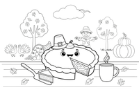 A pumpkin pie with a slice cut out on a table – Thanksgiving Autumn coloring page