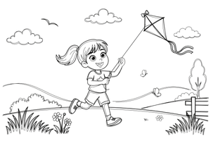 A girl flying a kite in a meadow – Kite coloring page