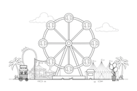A big Ferris wheel with round cabins against the sky – Thrilling Amusement Park coloring page