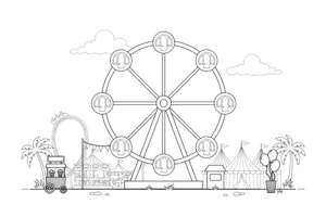 A big Ferris wheel with round cabins against the sky – Thrilling Amusement Park coloring page