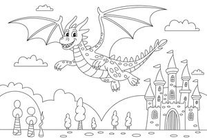 Dragon flying over a castle – Dragon Magical Dragon Soaring coloring page