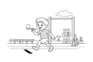 A child carefully balancing an egg on a spoon while walking – Sports Day coloring page
