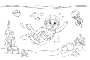 A scuba diver swimming underwater – Deep Sea Diver Submarine coloring page