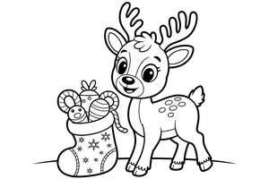 Baby reindeer a stocking full of toys – Christmas Winter Reindeer coloring page