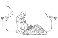 A child raking a big pile of autumn leaves in the garden – Autumn Time Autumn Leaves coloring page
