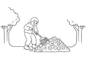 A child raking a big pile of autumn leaves in the garden – Autumn Time Autumn Leaves coloring page